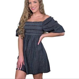 Smocked Puff Sleeve Square Neckline Black Denim Dress